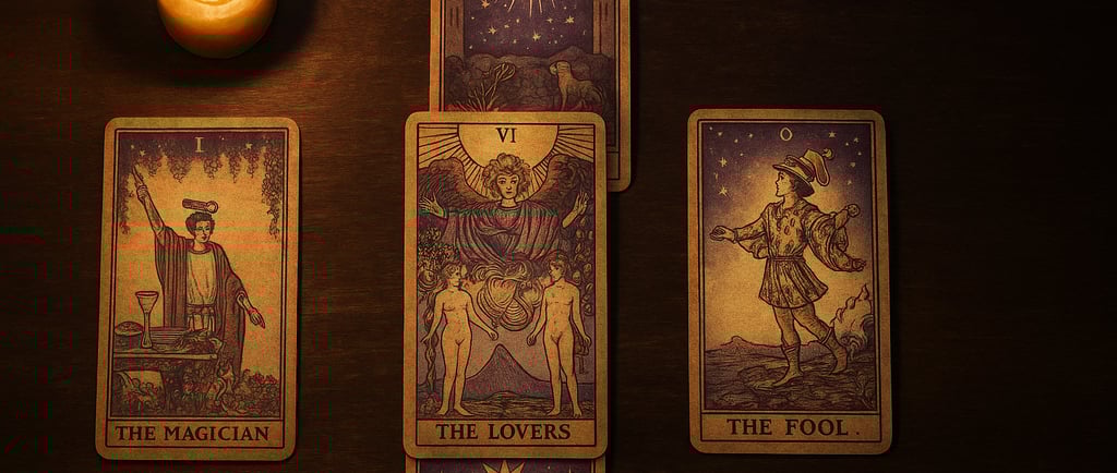 Cinq cartes de tarot disposées en forme de croix