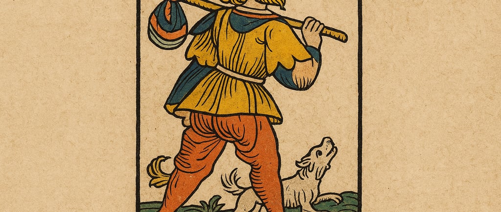 Le Mat, arcane majeur du Tarot de Marseille, représentant un voyageur avec baluchon et chien