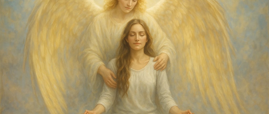 Femme en méditation communiquant avec son ange gardien lumineux