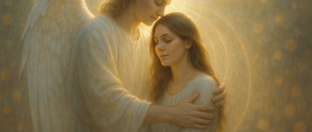 Ange gardien protégeant une femme entourée de lumière dorée divine