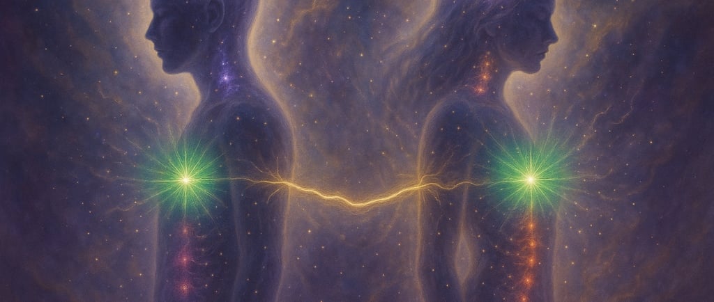 Deux silhouettes lumineuses reliées par un cordon énergétique doré, symbolisant les flammes jumelles