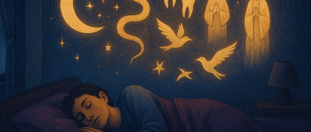 Illustration d'interprétation des rêves avec symboles spirituels : lune, serpent, oiseaux, guides