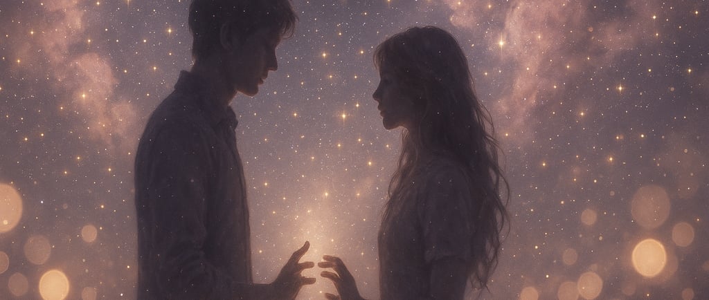 Couple silhouettes se faisant face sous un ciel étoilé, connexion spirituelle entre âmes sœurs