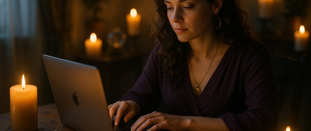 Consultation voyance par mail - Voyante professionnelle avec tarot et ordinateur
