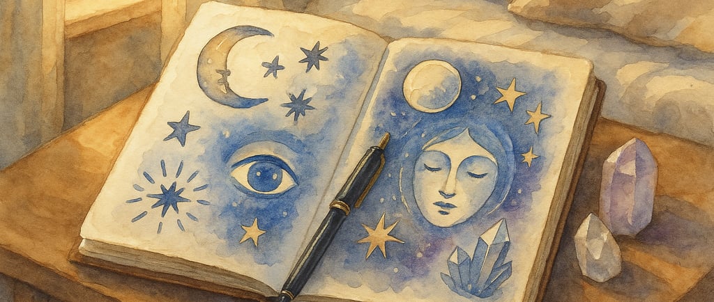 Journal de rêves ouvert avec symboles spirituels sur table de chevet