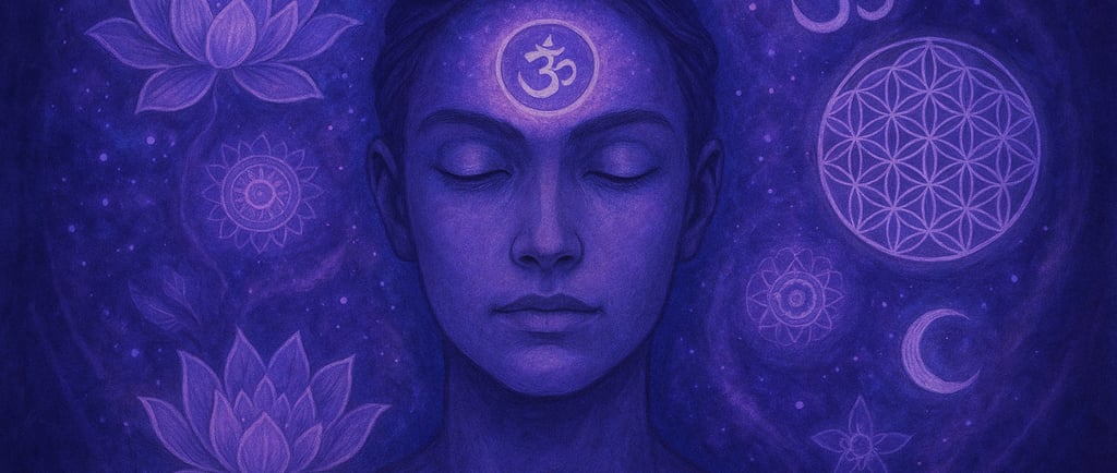 Personne en méditation avec le chakra du troisième œil illuminé en indigo