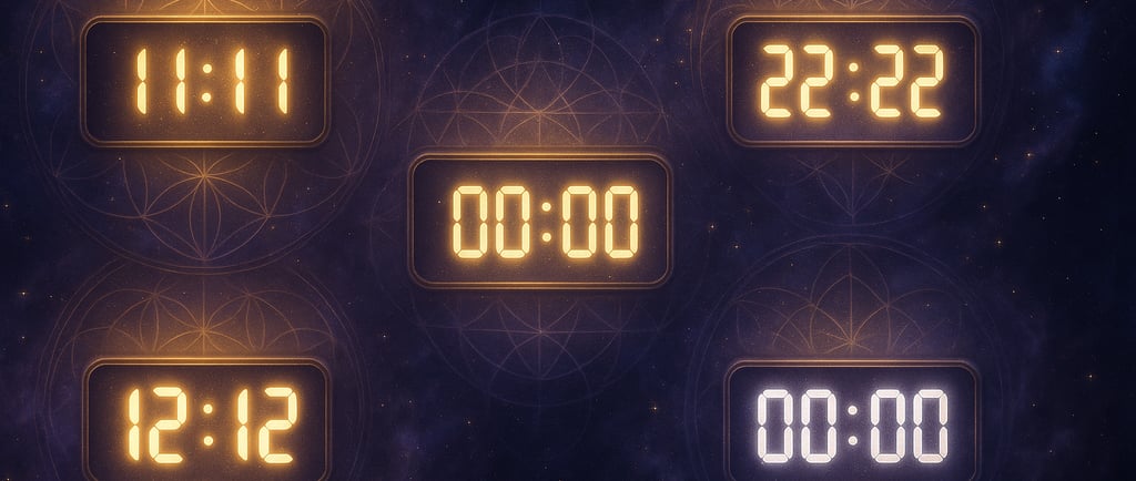 Composition artistique d'horloges numériques affichant des heures miroir sur fond cosmique