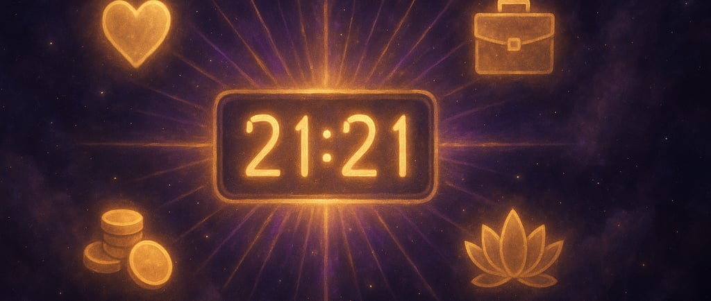 21h21 signification : horloge mystique affichant 21h21 avec symboles amour argent travail 