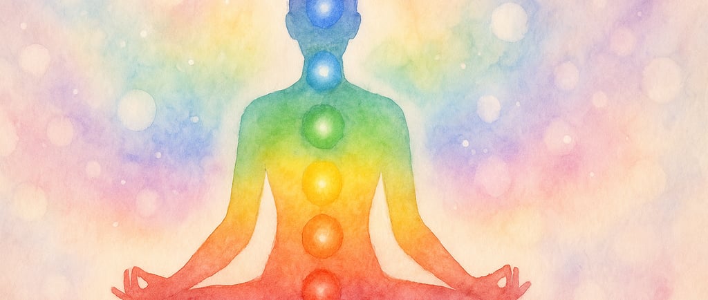 Illustration aquarelle d’une silhouette en méditation avec les 7 chakras alignés et colorés