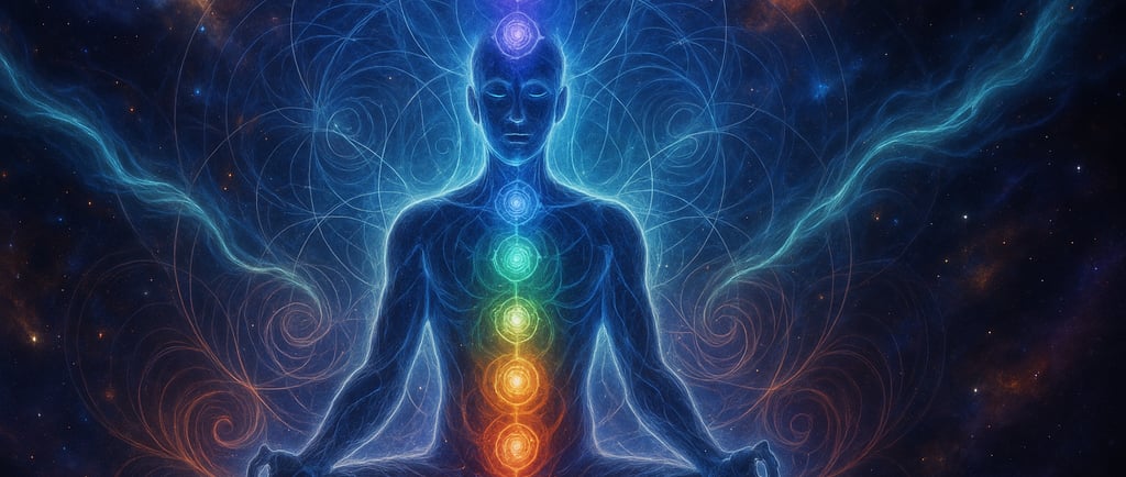 Illustration cosmique d’un corps en méditation avec les 7 chakras lumineux, faisceaux d’énergie