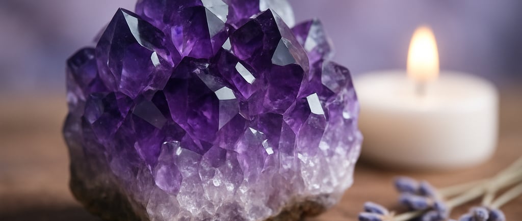 Améthyste brute violette sur bois avec bougie et lavande