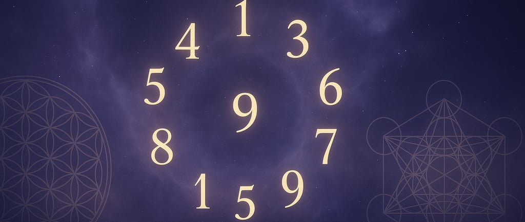 Chemin de vie en numérologie : chiffres 1 à 9 en spirale dorée sur fond cosmique violet et bleu