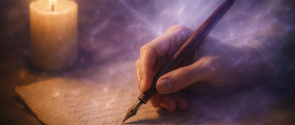 Pratique de l'écriture automatique : main écrivant sous guidance spirituelle avec lumière éthérée