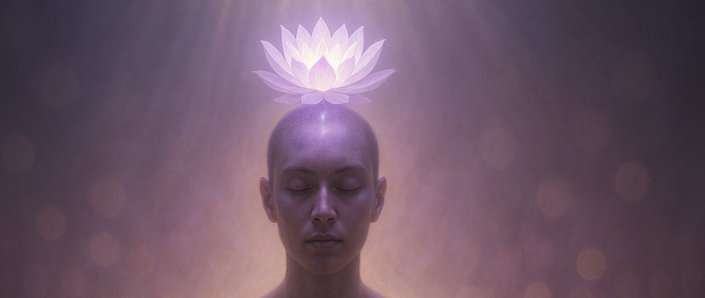 Personne en méditation avec lotus violet lumineux au-dessus du chakra couronne et rayons de lumière