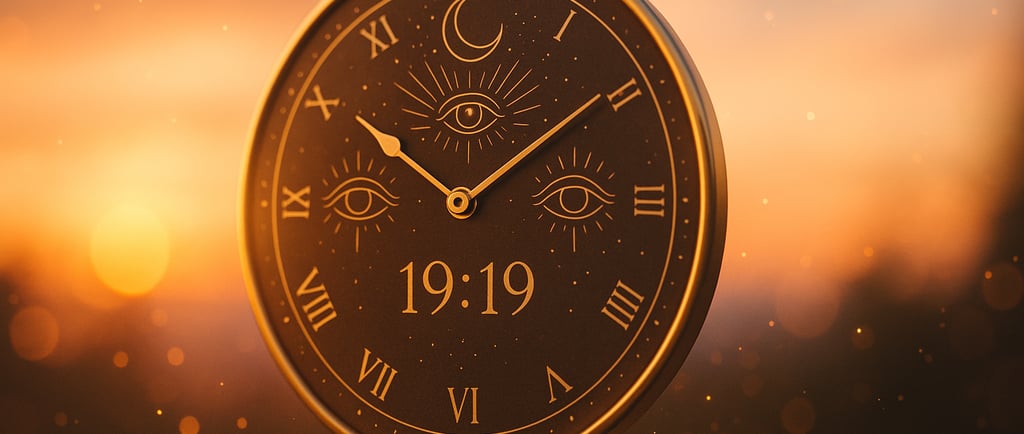 Horloge affichant 19h19 dans une ambiance mystique et dorée