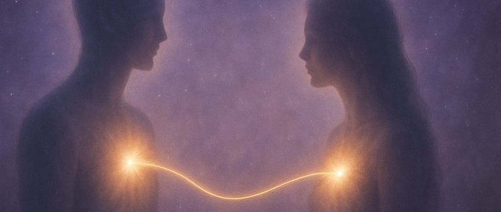 Connexion de flammes jumelles symbolisée par un fil de lumière dorée entre deux silhouettes