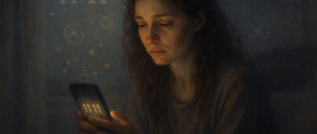 Femme regardant son téléphone affichant 11h11, éclairée par une lumière douce