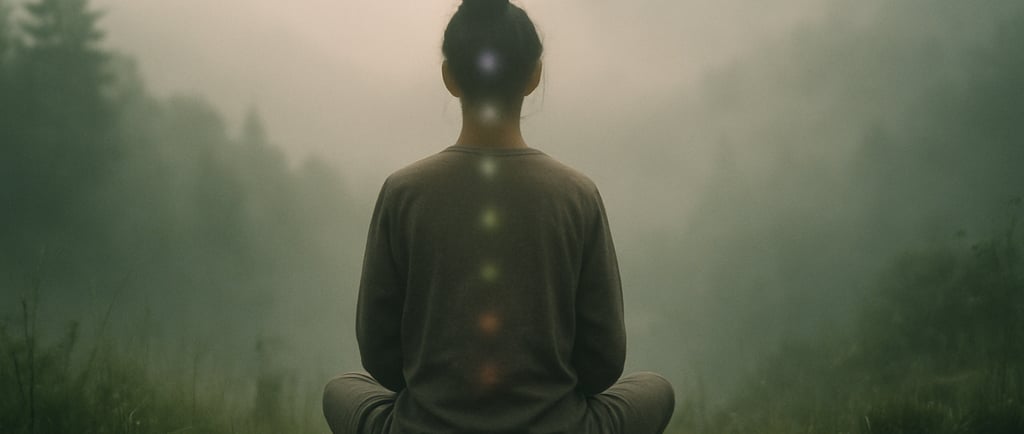 Personne en méditation dans la nature au lever du soleil avec 7 chakras à peine visibles