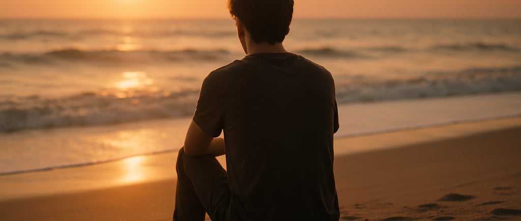 Homme seul sur plage au coucher du soleil, symbolisant l'attente d'un runner flamme jumelle