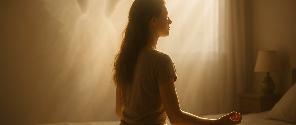 Femme méditant à l’aube, éclairée par une lumière dorée avec une présence d’ange gardien
