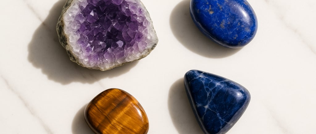 Quatre cristaux de guérison posés sur du marbre blanc : une géode d’améthyste violette