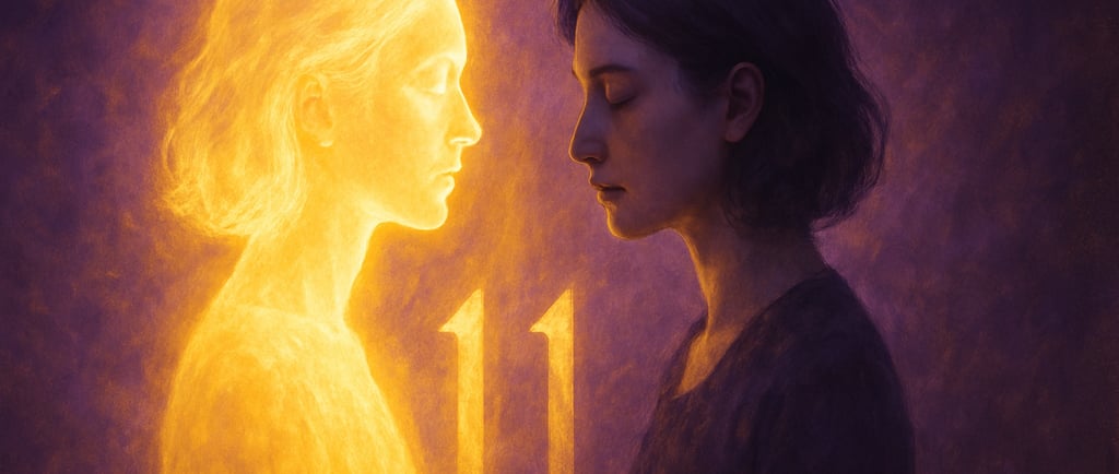 Femme et son reflet formant le nombre 11, dualité entre chemin de vie 11 et 2, lumière dorée