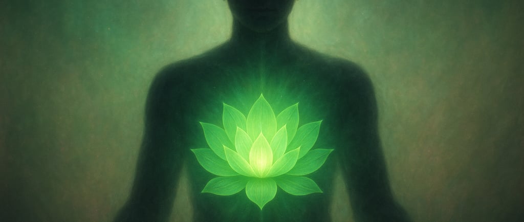 Personne en méditation avec lotus vert symbolisant le chakra du cœur Anahata
