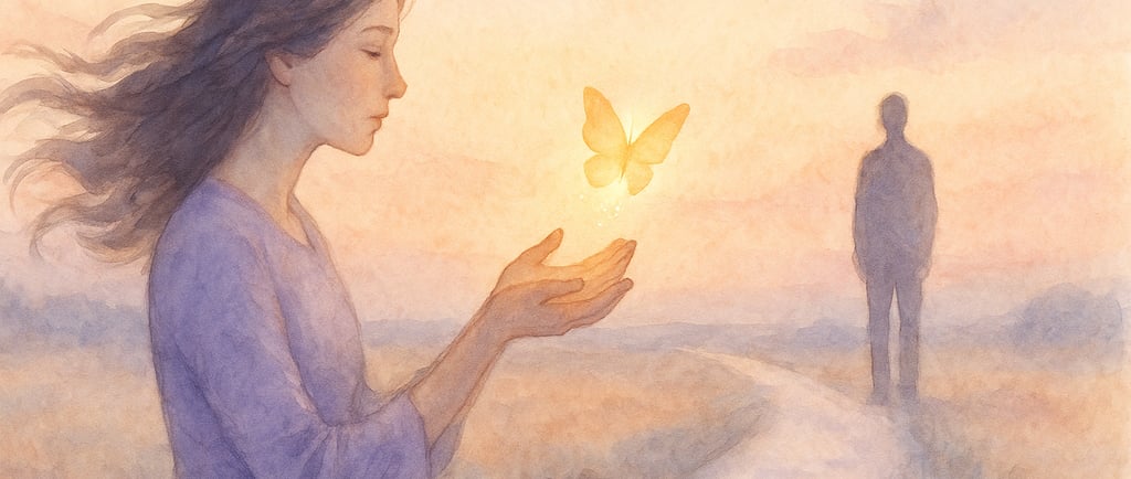 Femme libérant un papillon lumineux vers un homme au loin, symbolisant le lâcher-prise