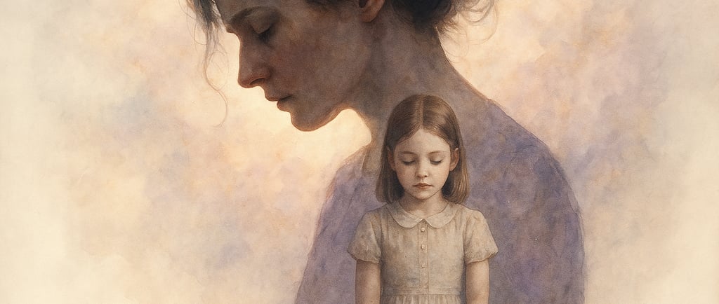 Femme en double exposition contenant une petite fille sage, symbolisant les racines de la souffrance