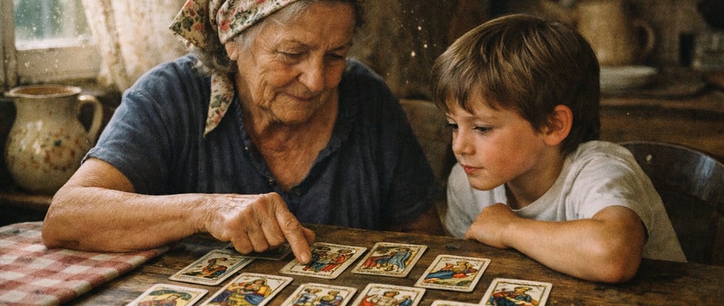 Femme âgée et enfant découvrant le tarot de Marseille dans une cuisine de ferme années 70