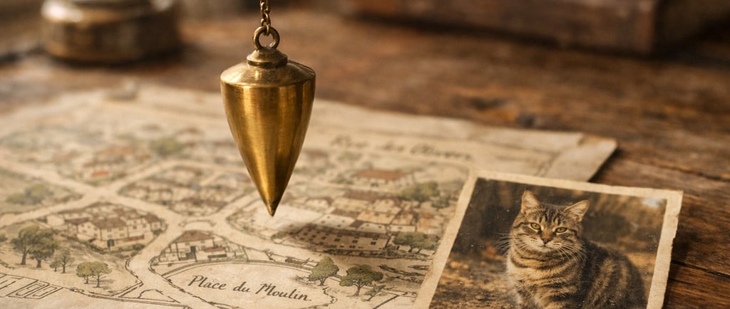 Pendule en laiton au-dessus d’une carte ancienne pour la radiesthésie.