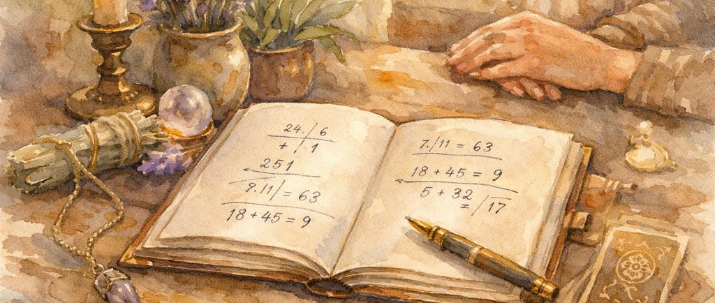 Consultation numérologie avec calculs manuscrits et chiffres porte-bonheur