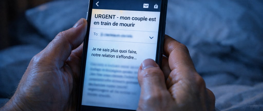 Mains tenant un smartphone affichant un email urgent sur un couple en crise