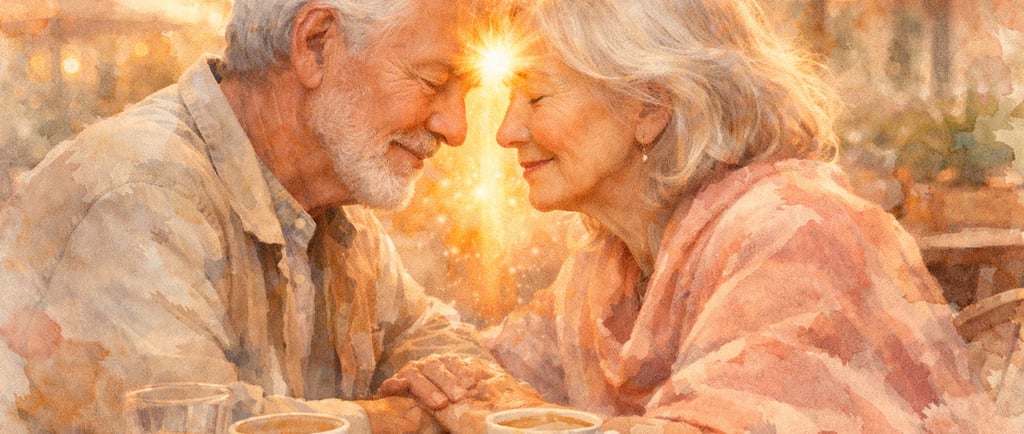 Couple âgé de flammes jumelles réunies tenant leurs mains enlacées, connexion profonde et paisible