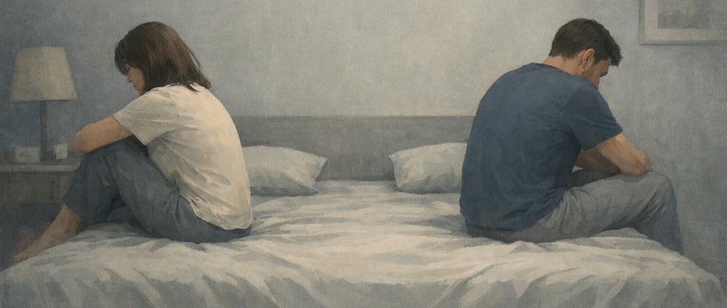 Illustration d'un couple assis dos à dos sur un lit, symbolisant la distance émotionnelle 