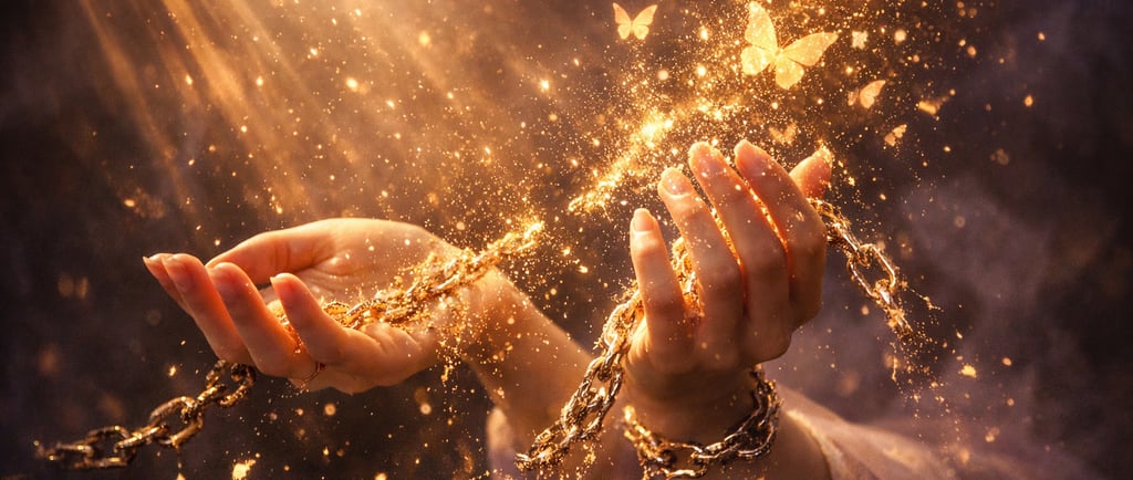 Mains brisant des chaînes lumineuses qui deviennent poussière d'étoiles et papillons