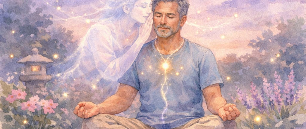 Homme de 50 ans méditant et écoutant son sixième sens, représentation artistique de l'intuition 