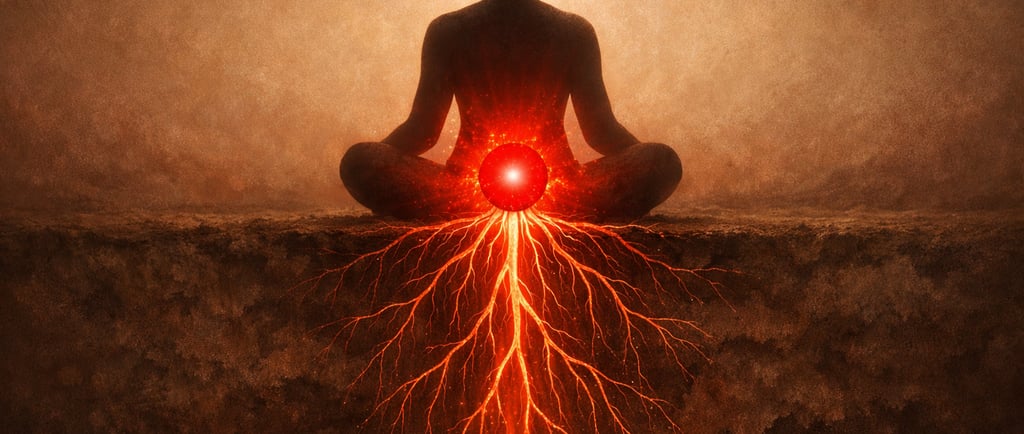 Visualisation du chakra racine : sphère rouge lumineuse à la base du corps avec racines s'enfonçant 