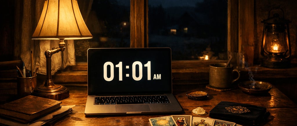 Bureau éclairé la nuit dans une maison de campagne, ordinateur affichant 01h01 et cartes de tarot