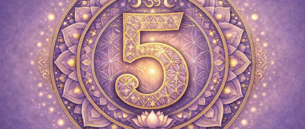 Symbole numérologique du chiffre 5 en mandala spirituel violet représentant le chemin de vie 5