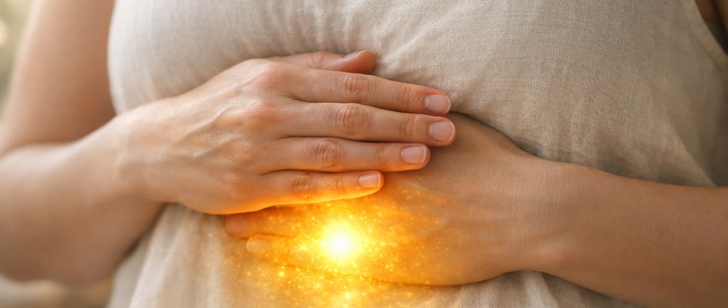 Mains sur le plexus solaire avec énergie dorée, méditation du chakra manipura