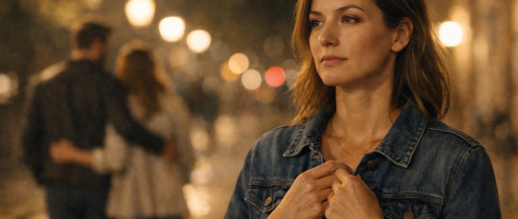 Femme au premier plan, calme mais tendue, mains sur la poitrine, tandis qu’un couple flou marche 