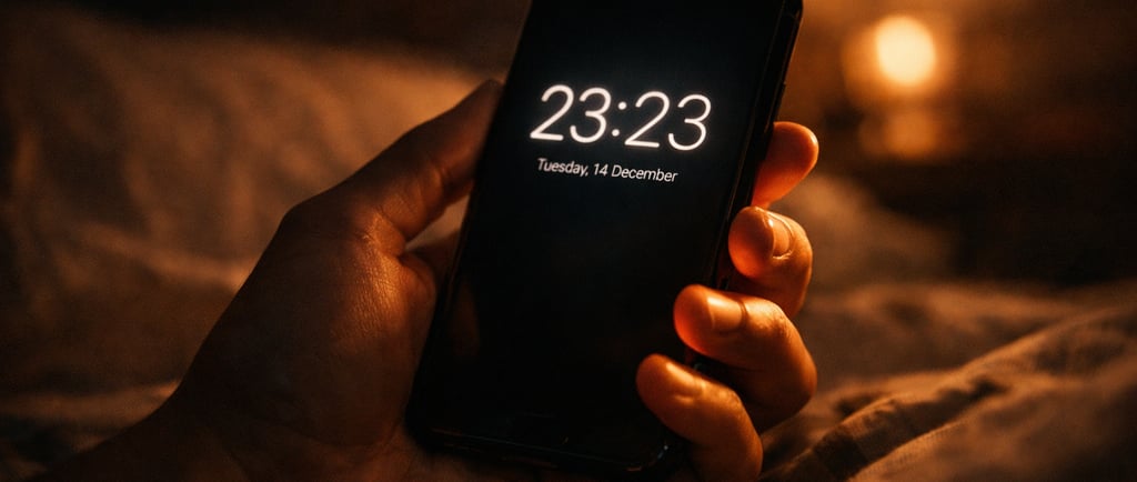 Personne regardant l'heure miroir 23h23 sur son smartphone la nuit
