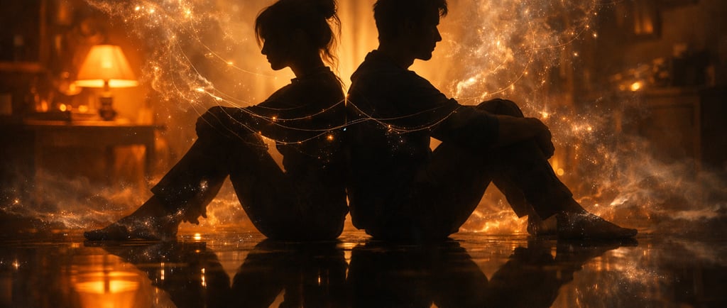 Couple flamme jumelle dos à dos distance émotionnelle connexion spirituelle lumière dorée