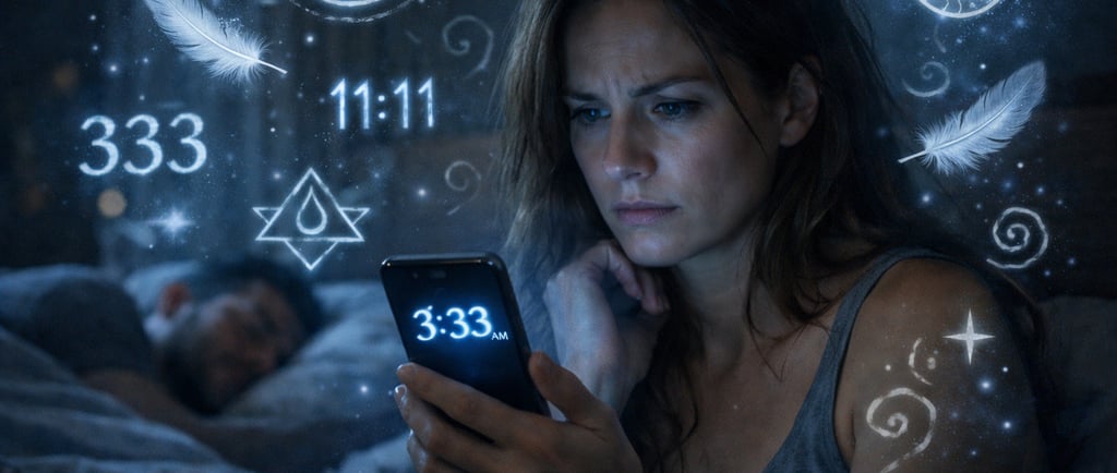 Femme regardant l'heure miroir 3h33 sur son téléphone dans sa chambre la nuit