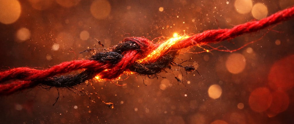Fils rouges entrelacés symbolisant un lien karmique se rompant