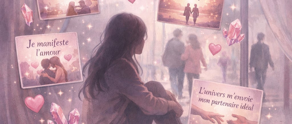 Femme seule près d'une fenêtre entourée d'affirmations positives sur l'amour