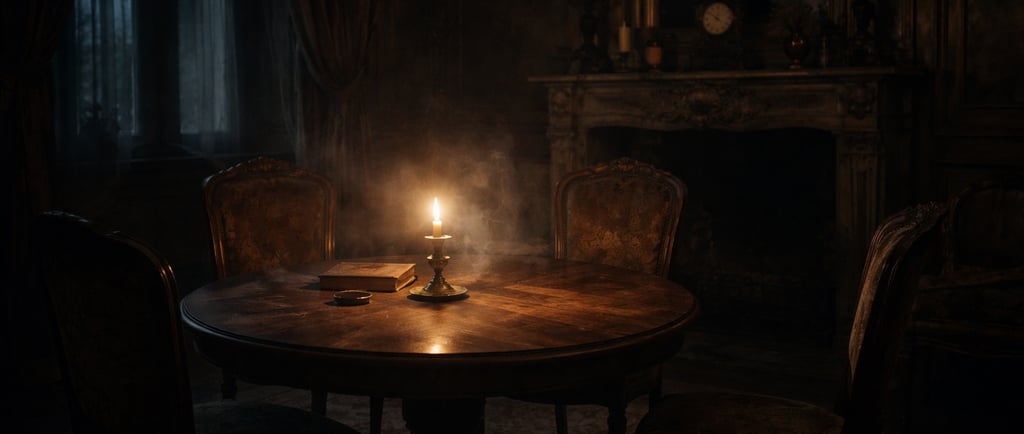 Salon français du XIXe siècle la nuit, bougie sur table ronde, atmosphère de séance spirite