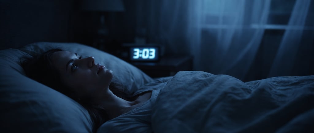 Femme éveillée dans l'obscurité, réveil affichant 03h03 
