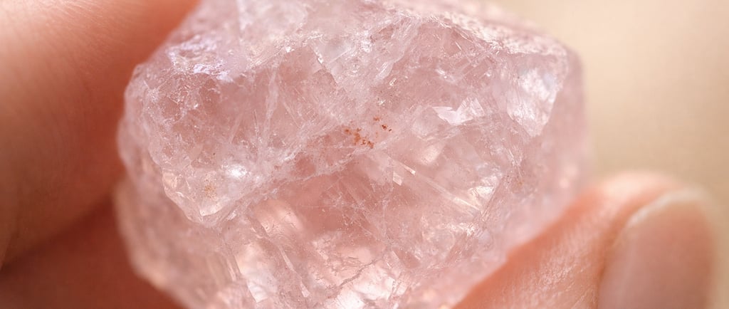 Gros plan d'un quartz rose brut tenu entre deux doigts